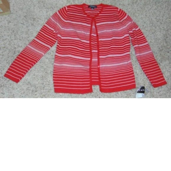Womens Cardigan Sweater Set Rafael Large Red White Striped Sleeveless Shirt 2 Pc - Picture 2 of 7